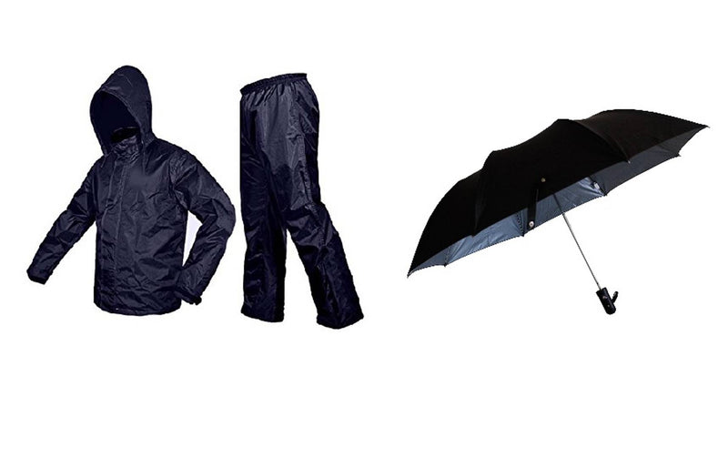 Blue Rain Coat With Lower, Cap & Black Umbrella