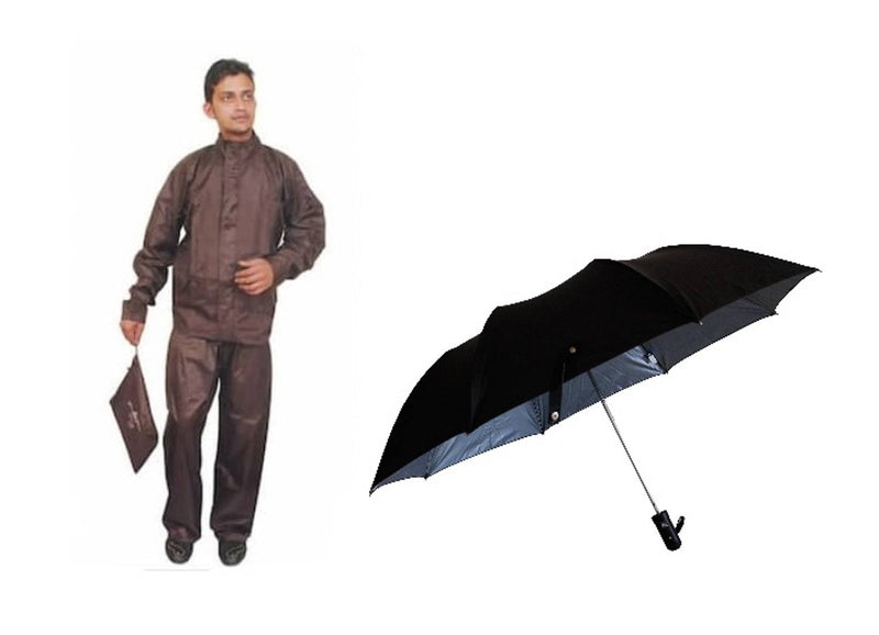 Brown Rain Coat With Lower, Cap & Black Umbrella