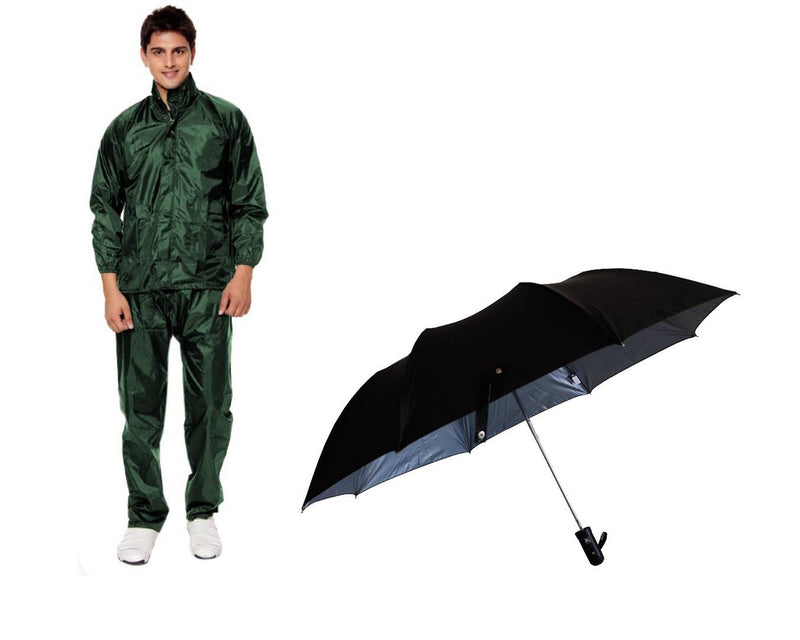 Green Rain Coat With Lower, Cap & Black Umbrella