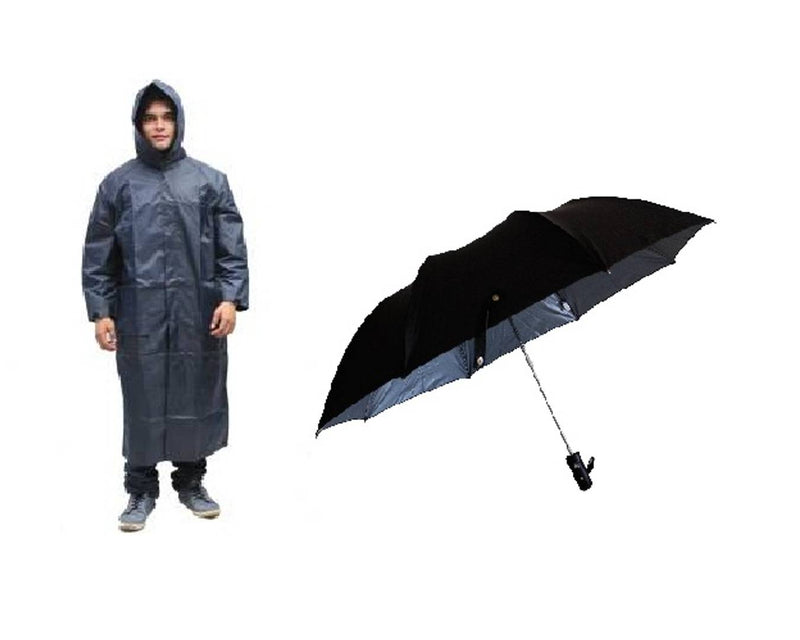 Blue Knee Length Long Rain Coat With Cap & Black Umbrella