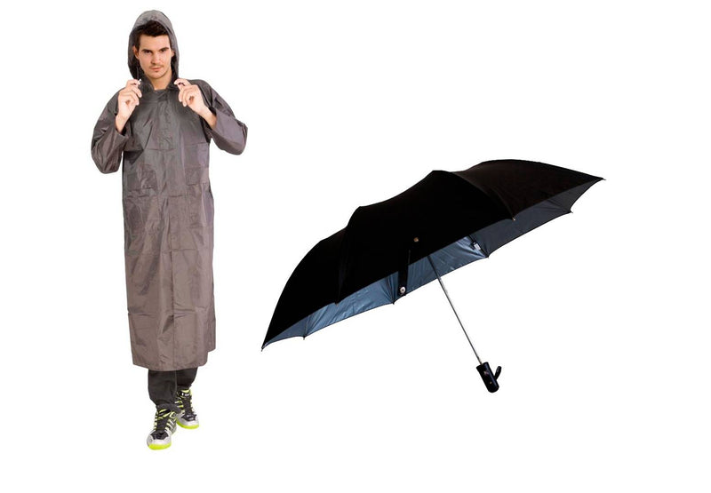 Brown Knee Length Long Rain Coat With Cap & Black Umbrella
