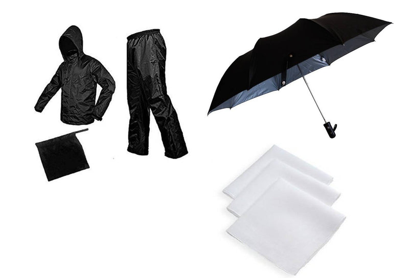 Black Rain Coat With Black Umbrella & 3 Piece Of White Handkerchief