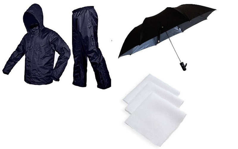Blue Rain Coat With Black Umbrella & 3 Piece Of White Handkerchief