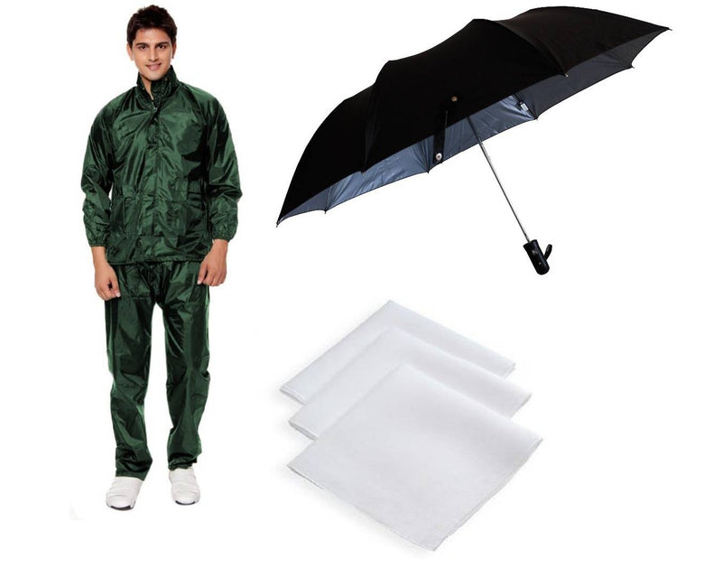 Green Rain Coat With Black Umbrella & 3 Piece Of White Handkerchief