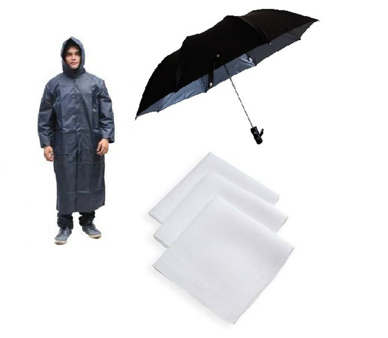 Blue Knee Length Long Rain Coat With Black Umbrella & 3 Piece Of White Handkerchief