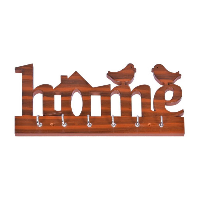 HOME name Hand Made Key stand With Birds, Glossy Harvest Wood Color Wood Key Holder  (6 Hooks)