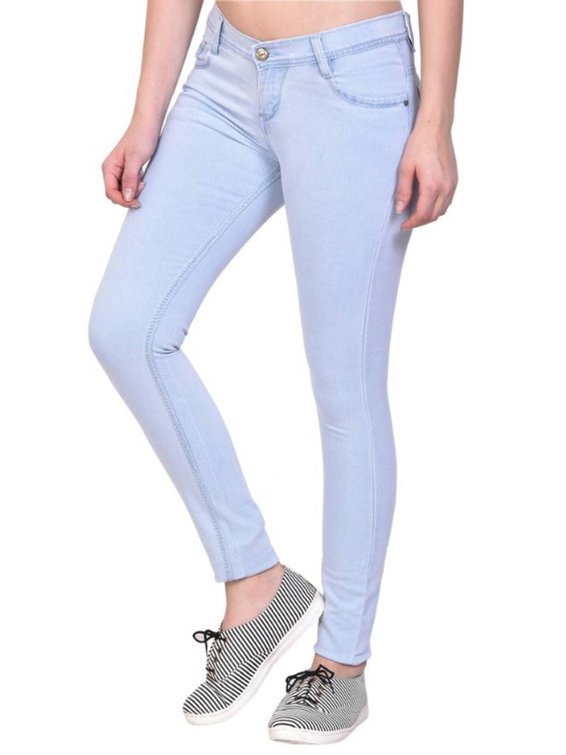 Ice Blue Silky Denim Plain Jeans For Women