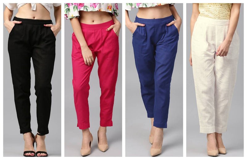 Women's/Girls Cotton Flex Casual Solid Trouser Pants Pack Of 4