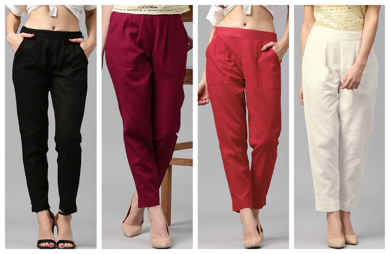 Pack Of 4 Cotton Flex Casual Solid Trouser Pants