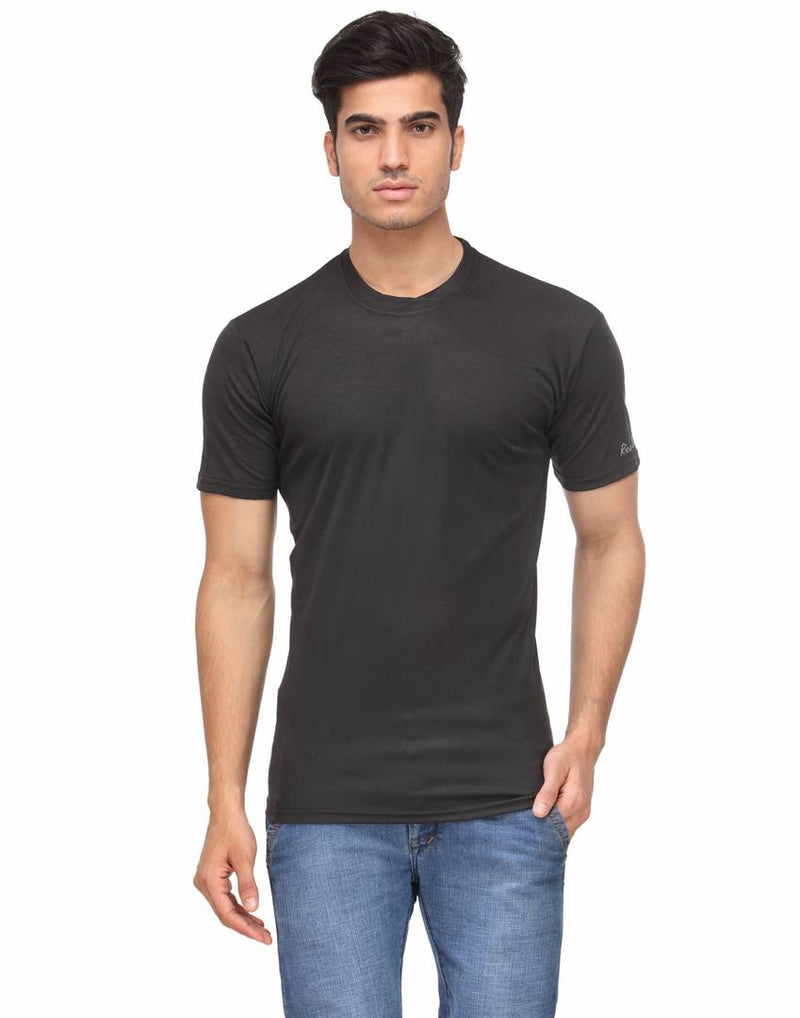 Men's Black Solid Polyester Round Neck T-Shirt