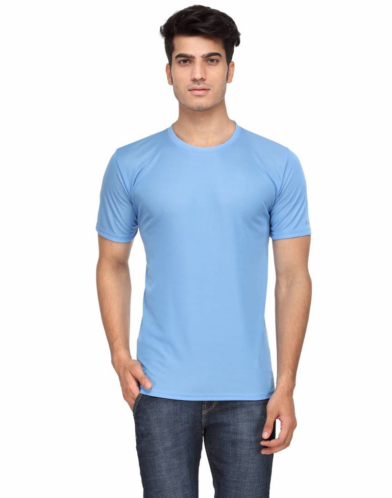 Men's Blue Solid Polyester Round Neck T-Shirt