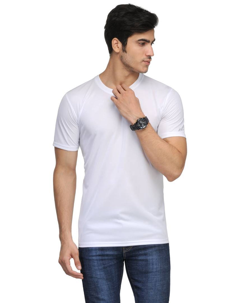 Men's White Solid Polyester Round Neck T-Shirt