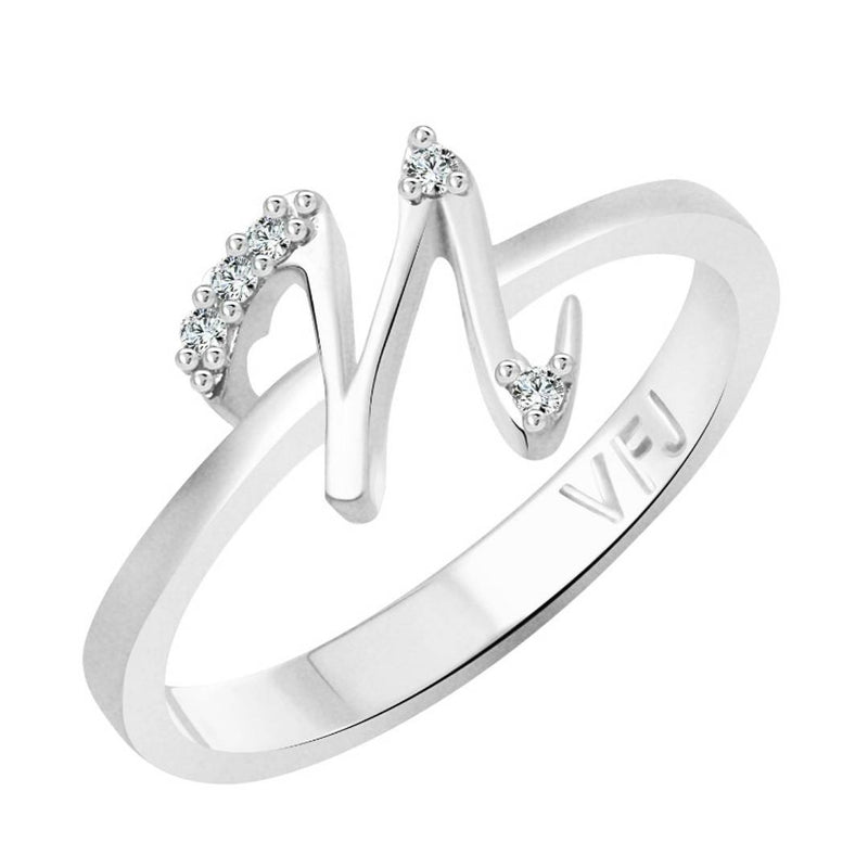 initial ''N'' Alphabet (CZ)  Rhodium Plated Alloy Ring for Women and Girls