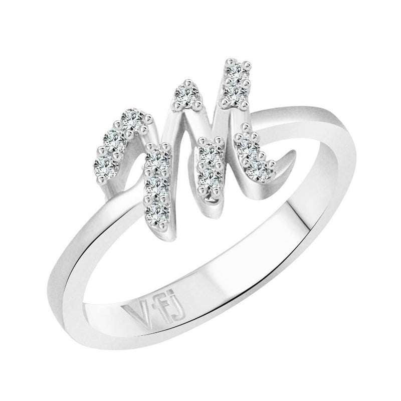 initial ''M'' Alphabet (CZ)  Rhodium Plated Alloy Ring for Women and Girls