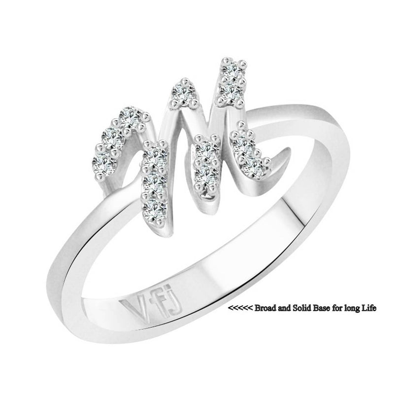 initial ''M'' Alphabet (CZ)  Rhodium Plated Alloy Ring for Women and Girls