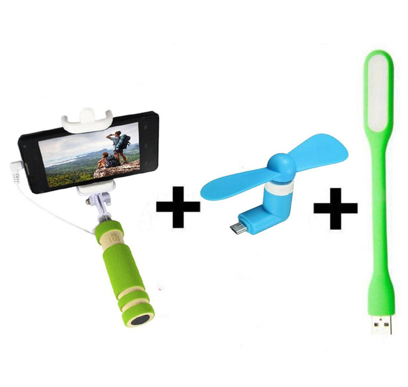 Combo Of Selfie Stick With USB Fan & USB Light