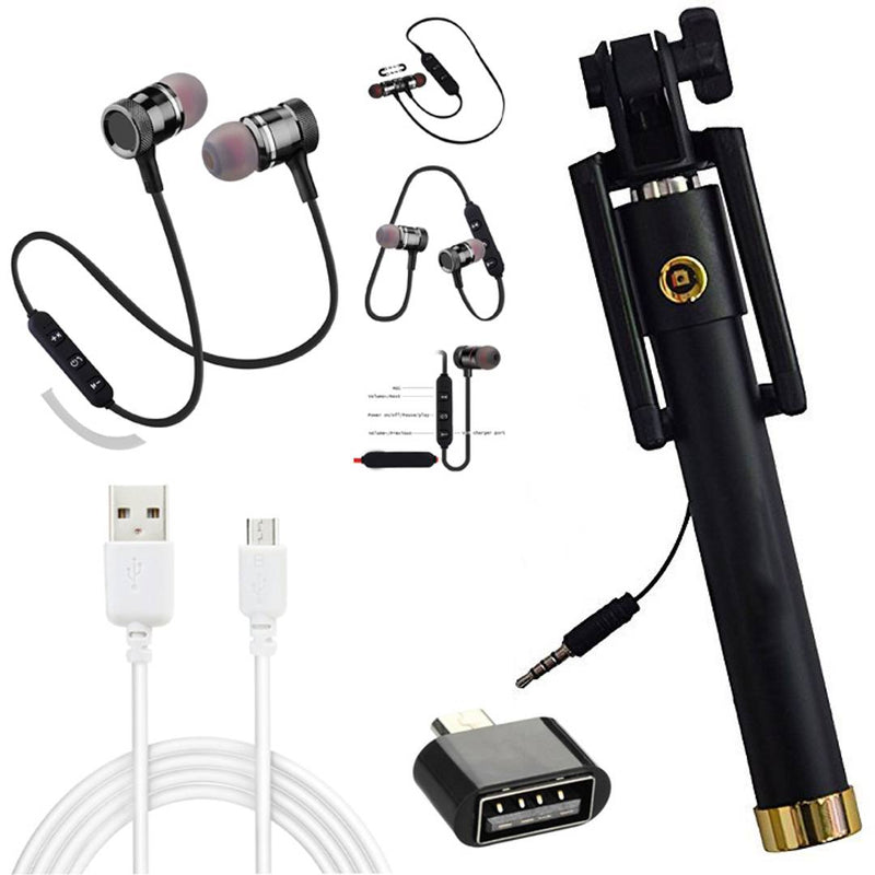 Combo Of Magnetic In-Air Bluetooth Headset With OTG, Data Cable & Black Selfie Stick