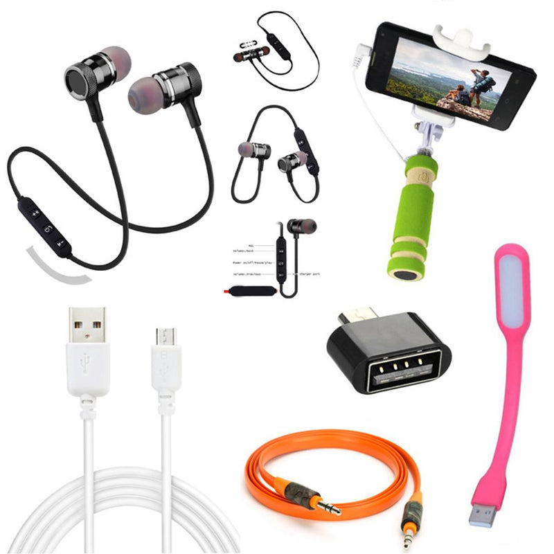 Combo Of Magnetic In-Air Bluetooth Headset With OTG, Aux Cable, USB Light, Data Cable & Selfie Stick