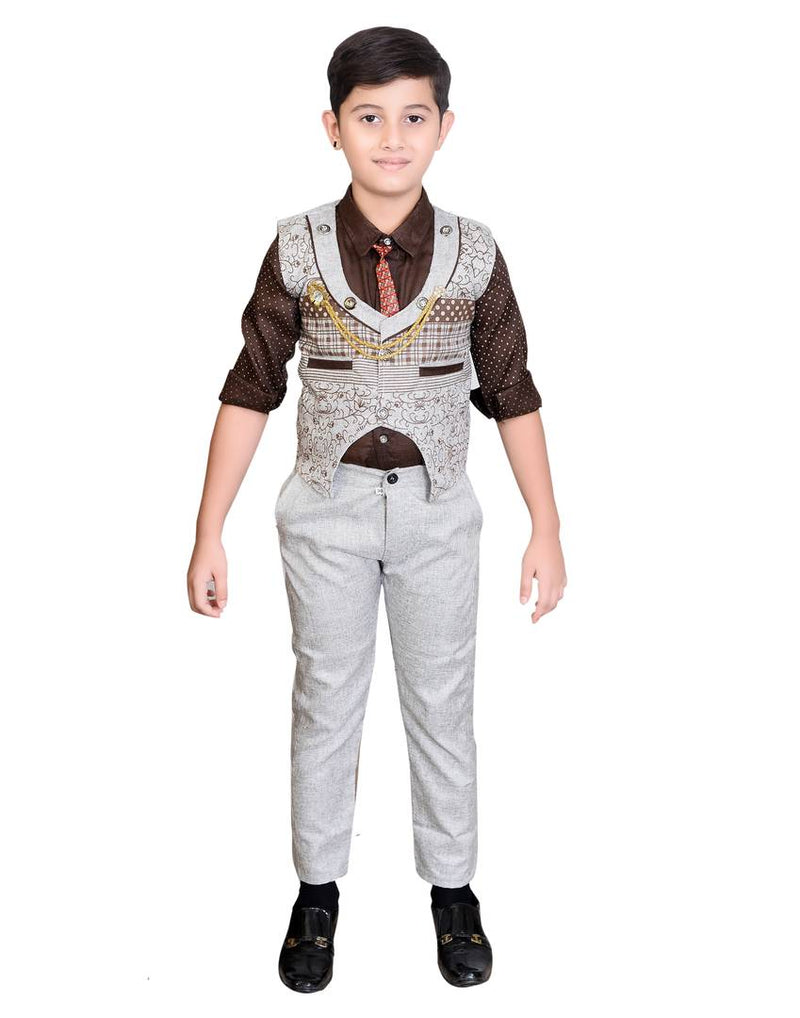 Boy's Cotton Blend PrintedWaistcoat Shirt, Tie and Bottom Set