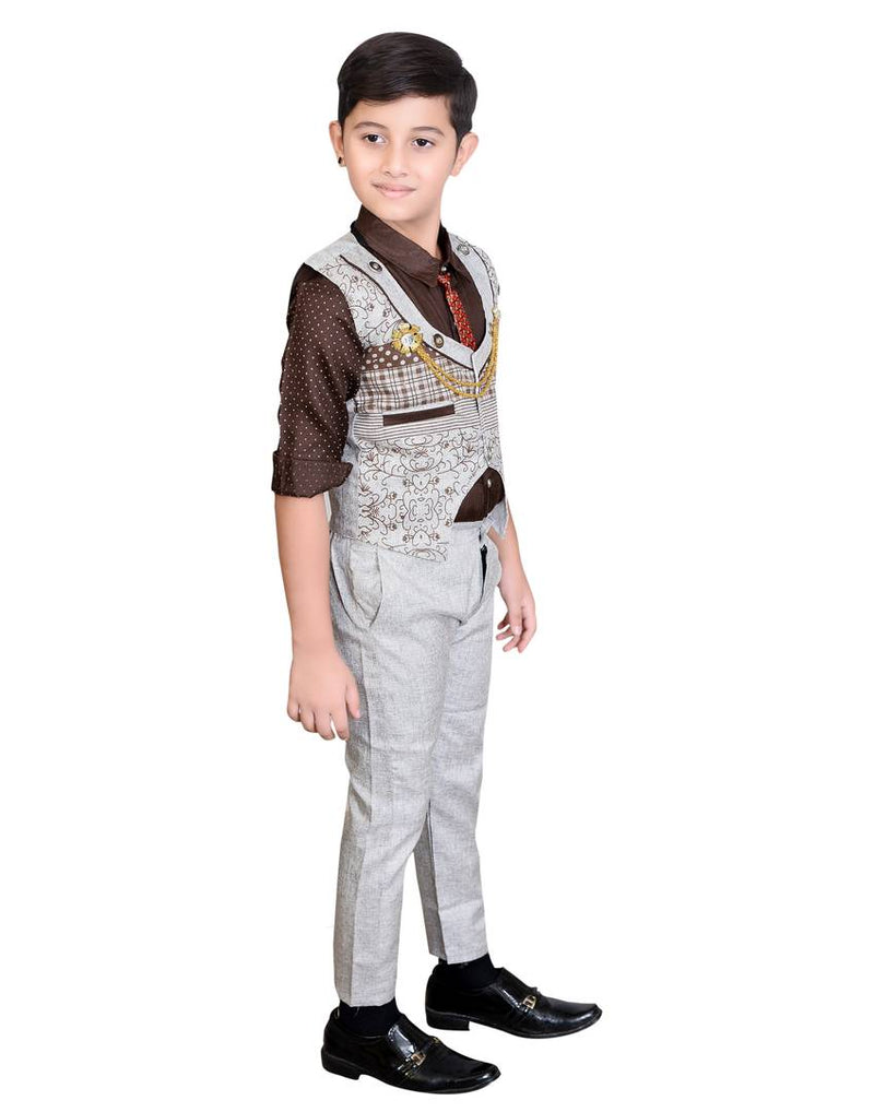 Boy's Cotton Blend PrintedWaistcoat Shirt, Tie and Bottom Set