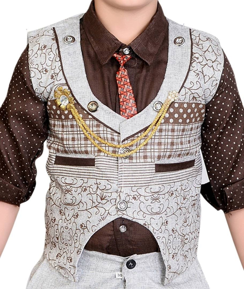 Boy's Cotton Blend PrintedWaistcoat Shirt, Tie and Bottom Set