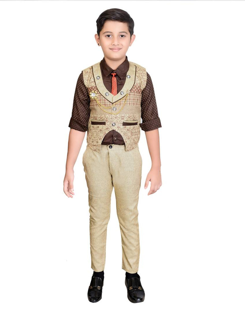 Boy's Cotton Blend PrintedWaistcoat Shirt, Tie and Bottom Set