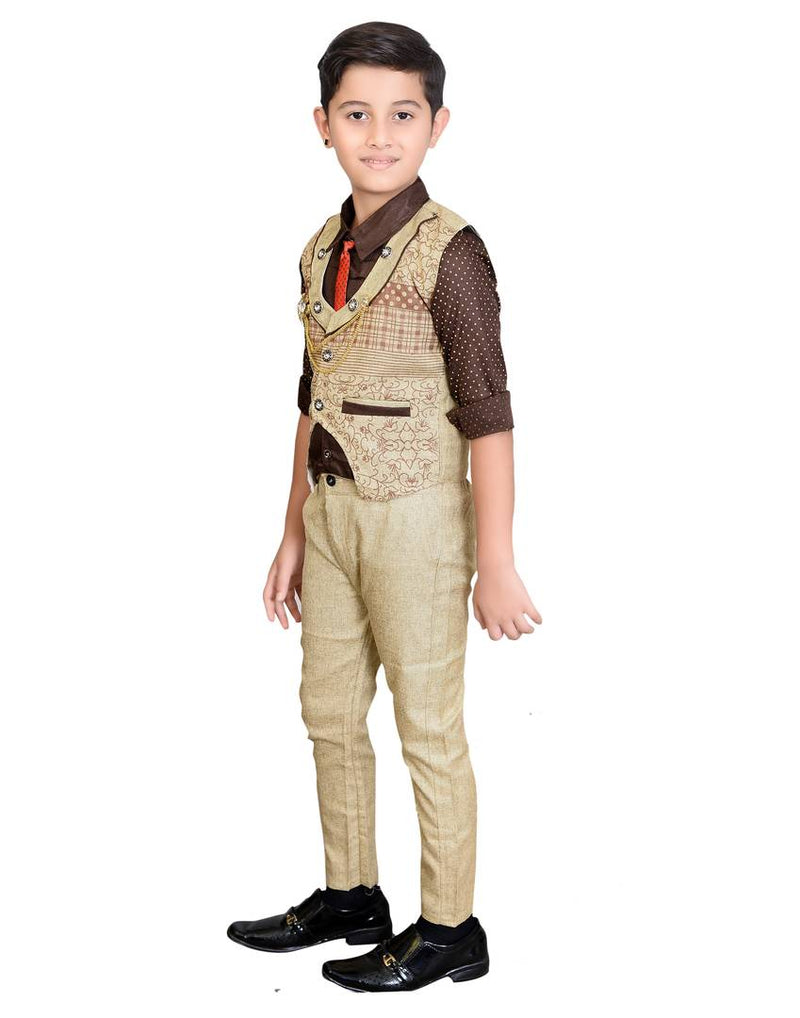 Boy's Cotton Blend PrintedWaistcoat Shirt, Tie and Bottom Set