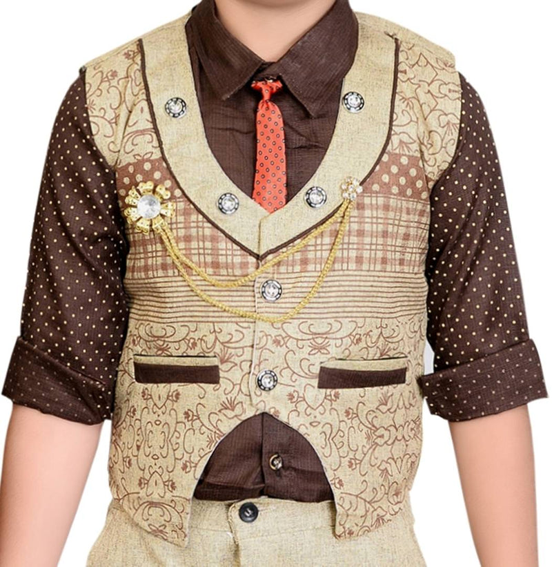 Boy's Cotton Blend PrintedWaistcoat Shirt, Tie and Bottom Set