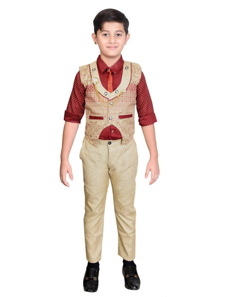 Boy's Cotton Blend PrintedWaistcoat Shirt, Tie and Bottom Set