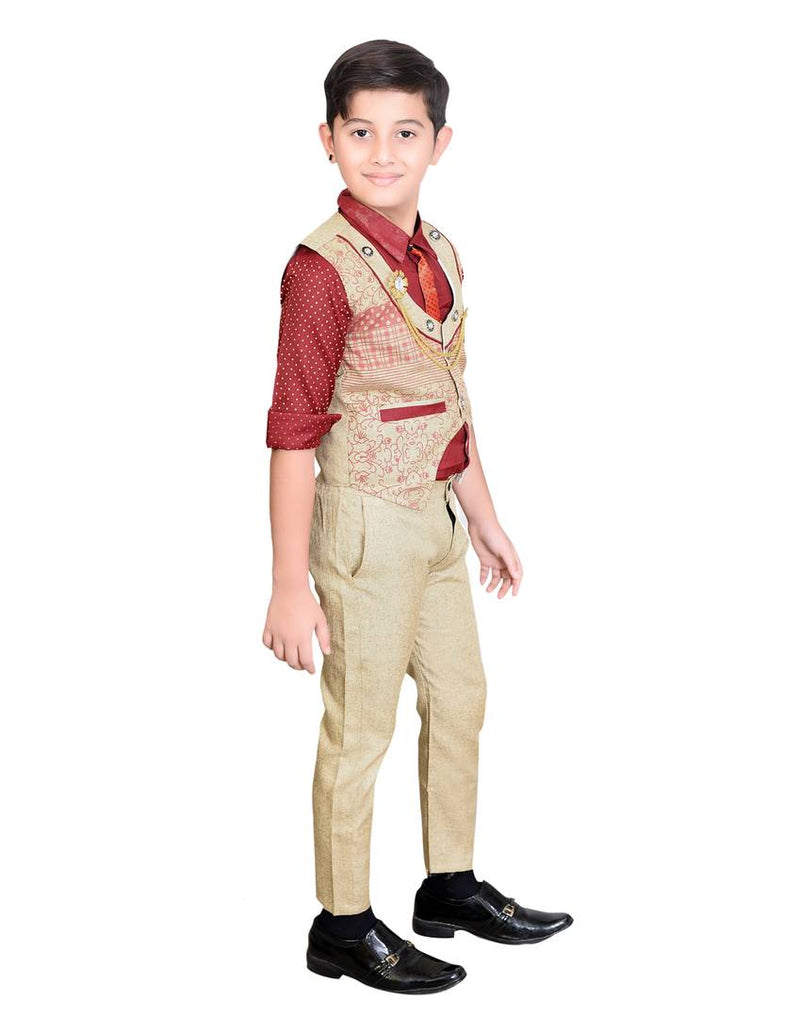 Boy's Cotton Blend PrintedWaistcoat Shirt, Tie and Bottom Set