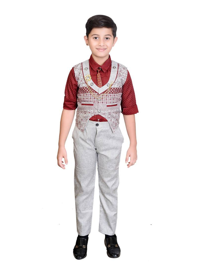 Boy's Cotton Blend PrintedWaistcoat Shirt, Tie and Bottom Set