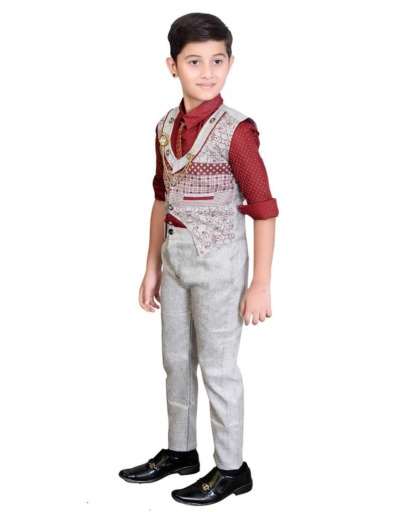 Boy's Cotton Blend PrintedWaistcoat Shirt, Tie and Bottom Set
