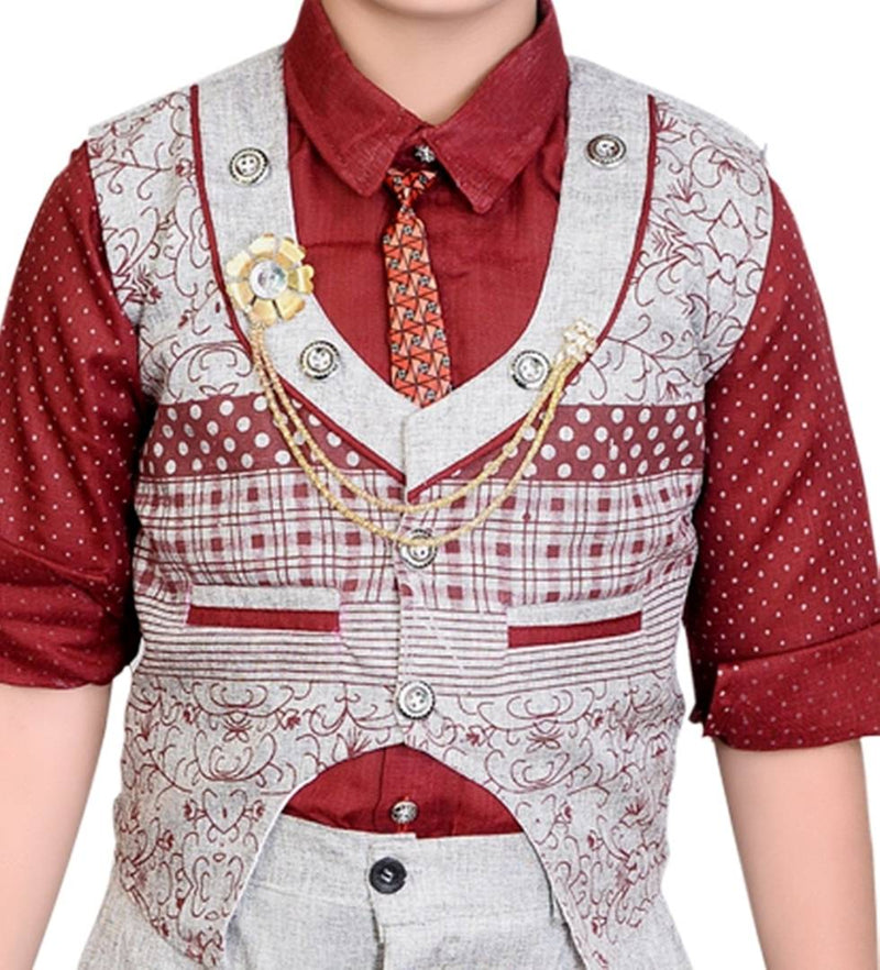 Boy's Cotton Blend PrintedWaistcoat Shirt, Tie and Bottom Set