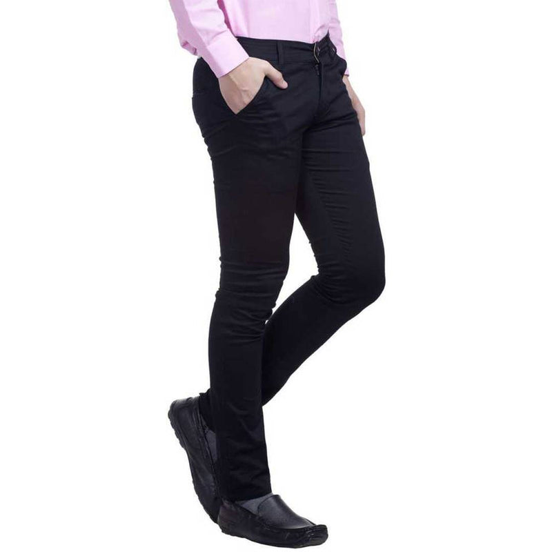 Men's Black Cotton Blend Slim Fit Mid-Rise Chinos