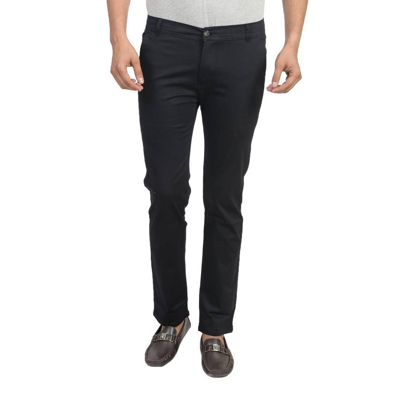 Men's Black Cotton Blend Slim Fit Mid-Rise Chinos