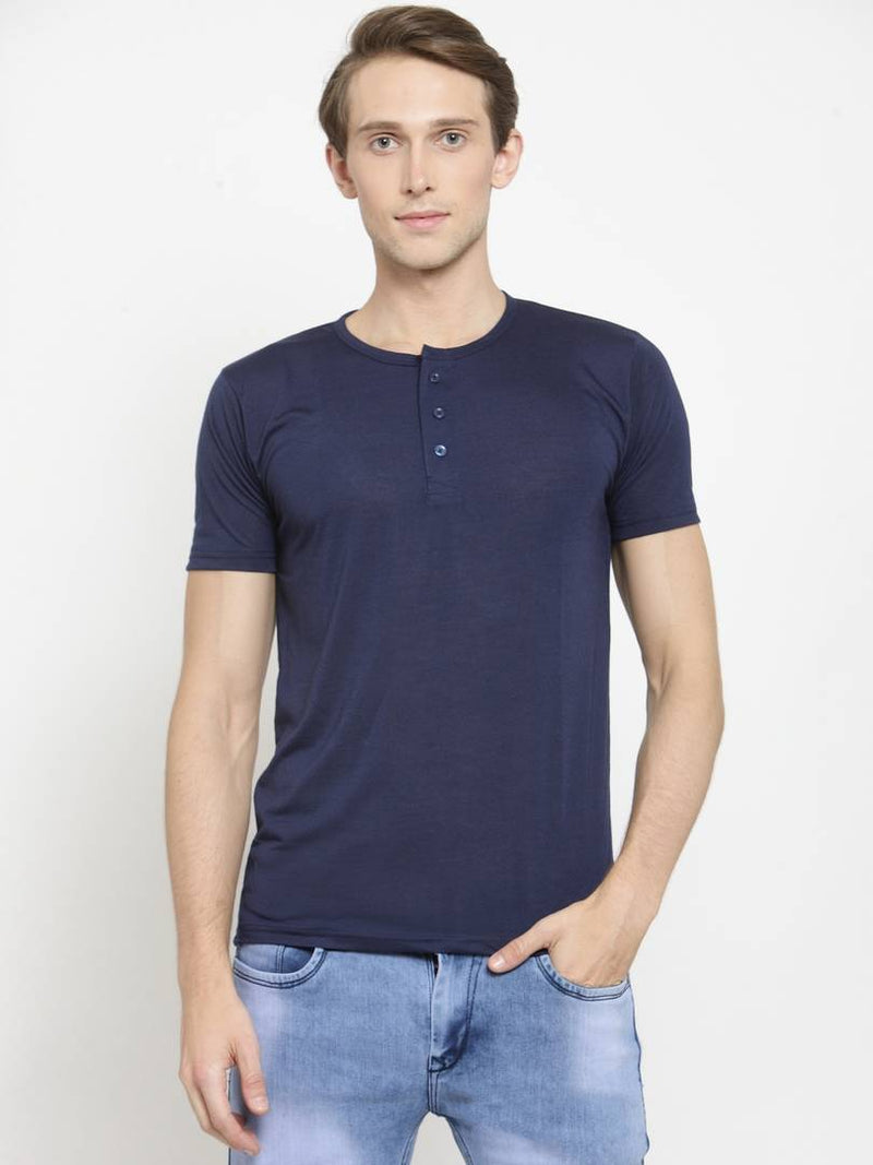 Men's Navy Blue Solid Cotton Blend Henley T-Shirts