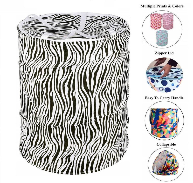 Foldable Collapsible Pop-Up Round Laundry Bag With Carry Handle (Assorted Pattern & Colour) - 1 Piece