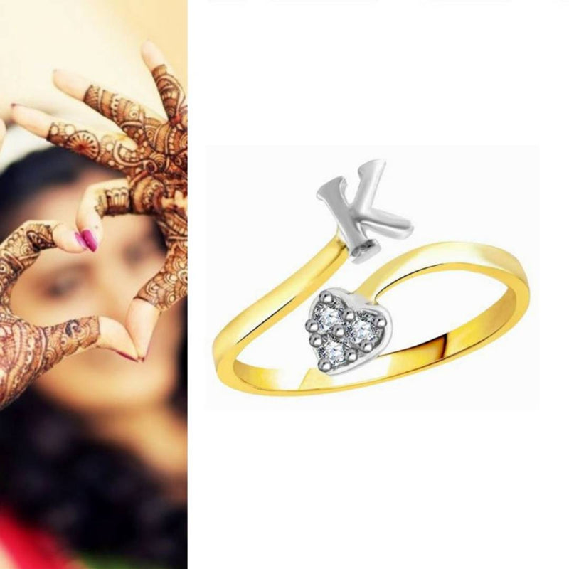 Initial 'K' Letter CZ Gold and Rhodium Plated Alloy Adjustable Ring for Women and Girls