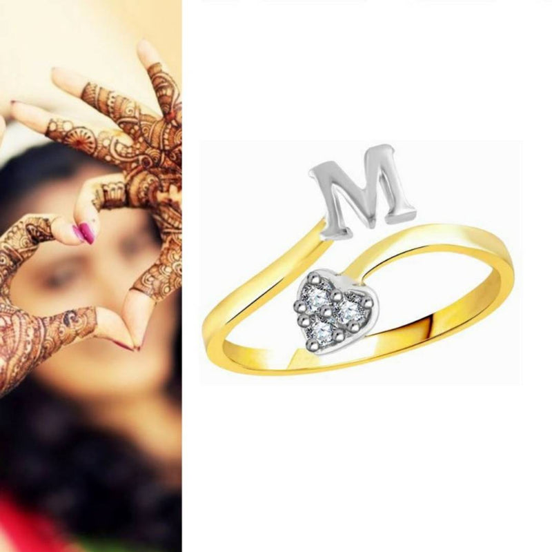 Initial 'M' Letter CZ Gold and Rhodium Plated Alloy Adjustable Ring for Women and Girls