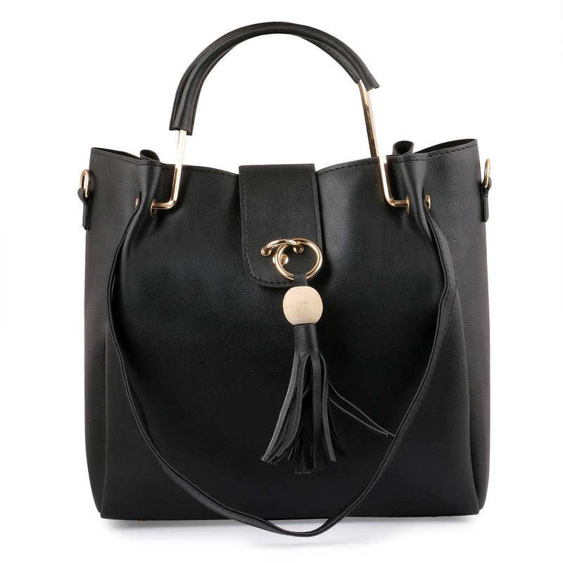 Black Solid Leatherette Handbag With Clutch