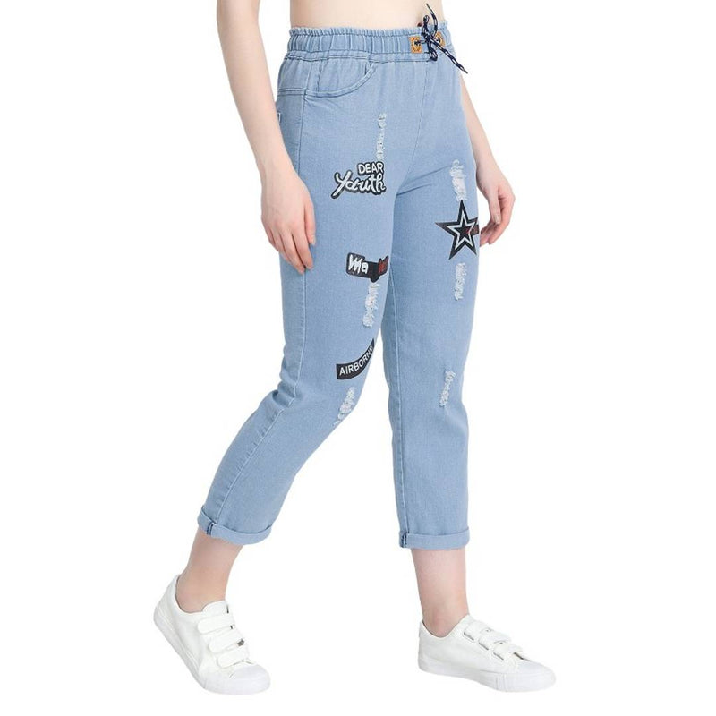 Roll Up Light Blue Drawstring Printed Jeans For Women