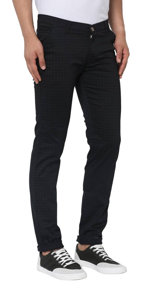 Men's Black Cotton Slim Fit Checked Trousers