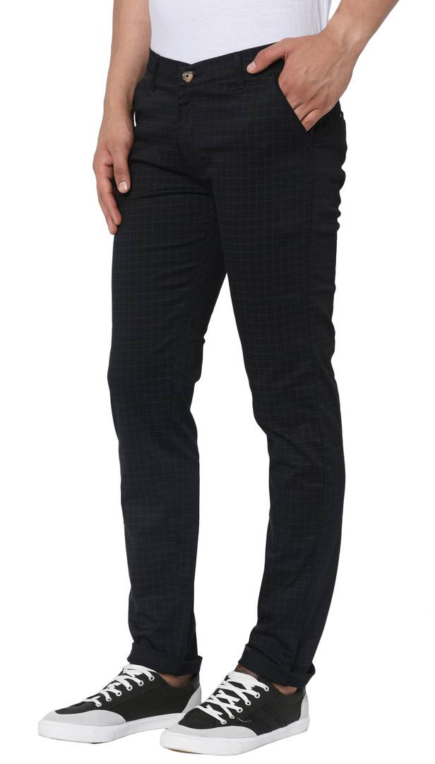 Men's Black Cotton Slim Fit Checked Trousers