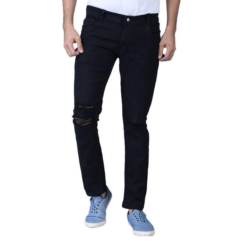 Men's Black Denim Distress Regular Fit Jeans