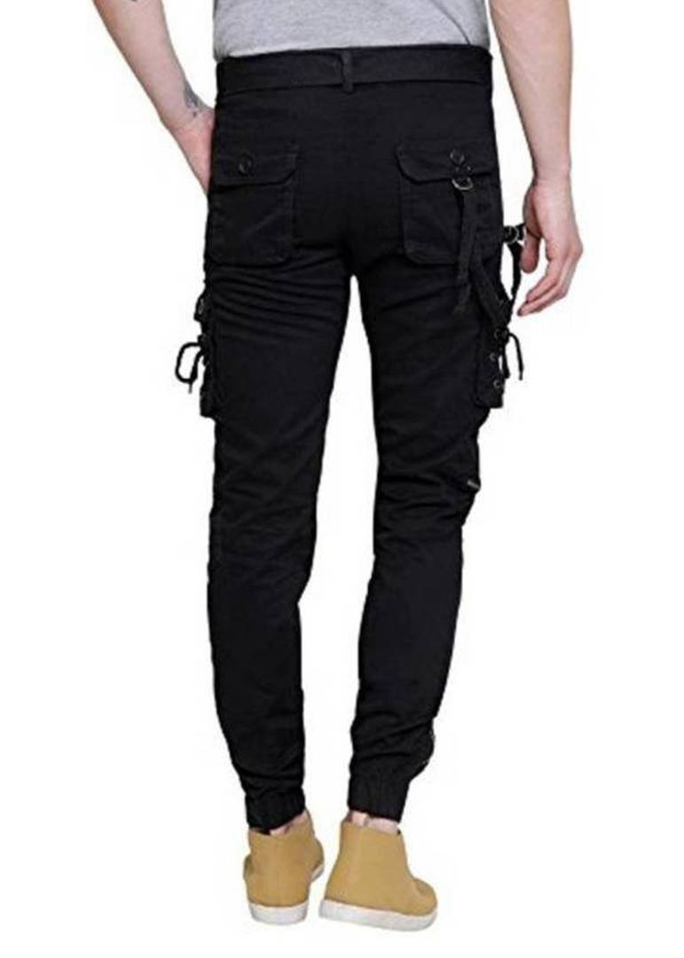 Men's Black Cotton Blend Solid Regular Fit Cargo