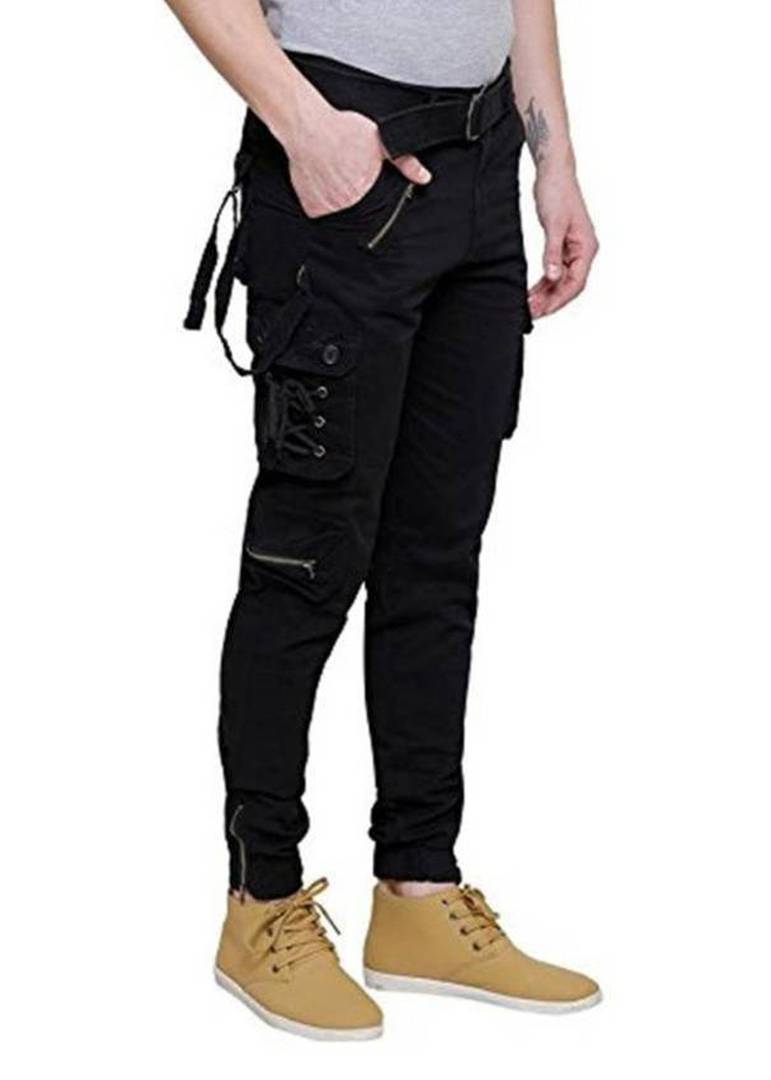 Men's Black Cotton Blend Solid Regular Fit Cargo