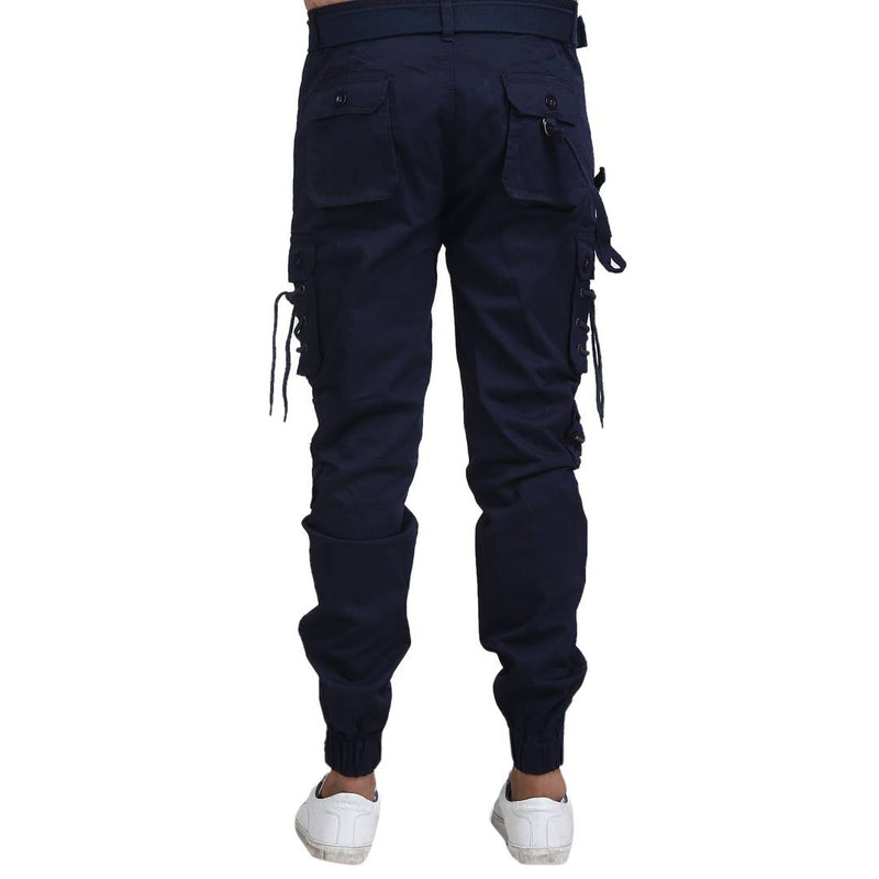 Men's Navy Blue Cotton Blend Solid Regular Fit Cargo