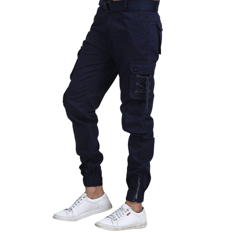 Men's Navy Blue Cotton Blend Solid Regular Fit Cargo