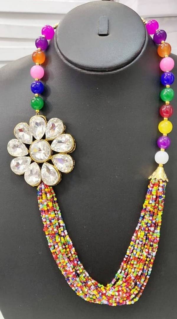 Beads Necklace Sets with Bold White Stone Broach Style Motifs with Matching Earrings