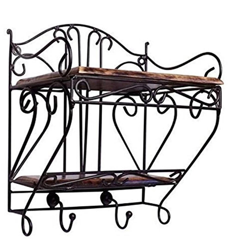 Wall Hanging Metal Stand/Twin Wooden Shelf for Kitchen/Pooja Room/Home Decor- L*B*H inches - 9 * 6.5 * 10.5